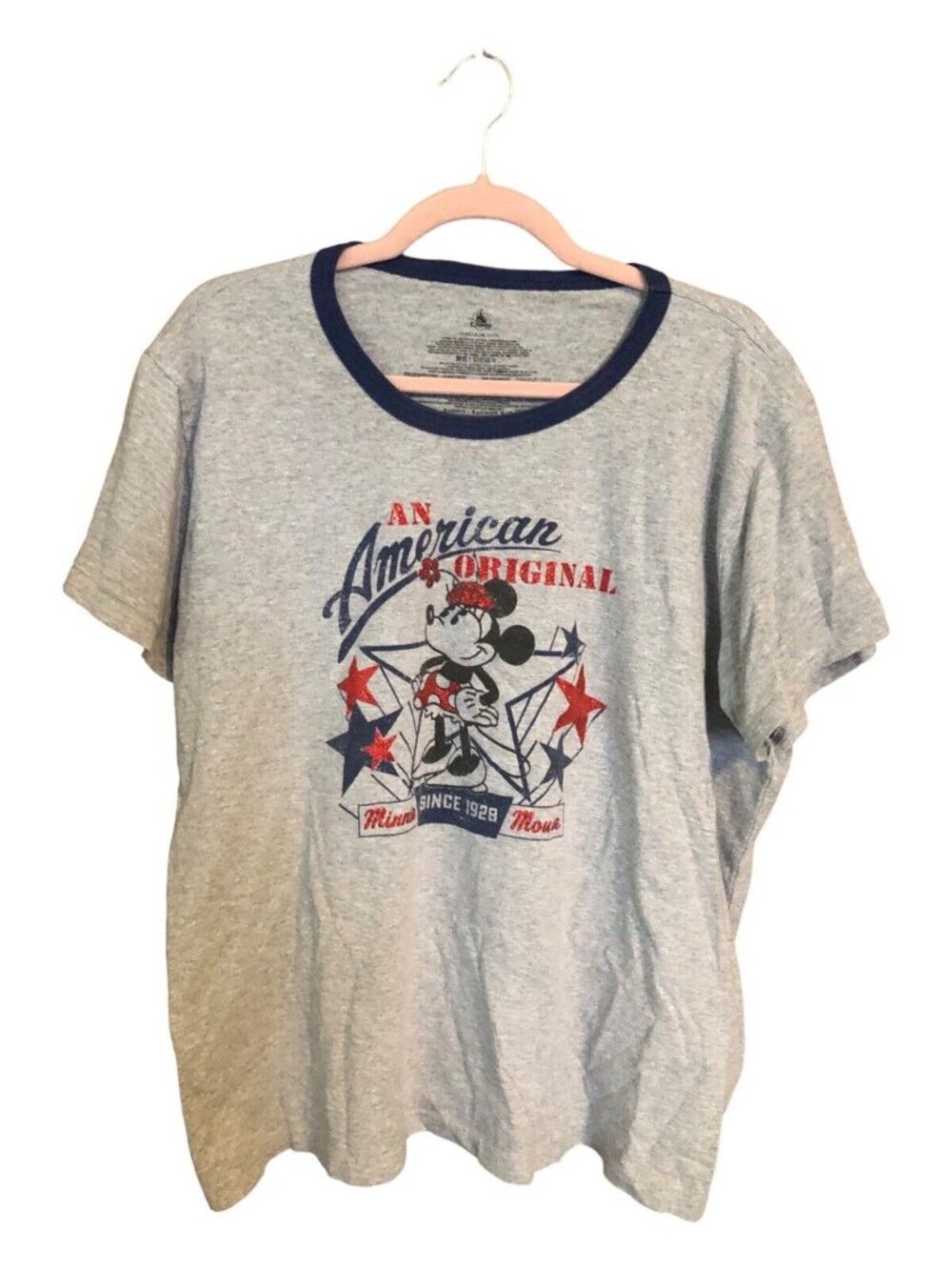 Disney An American Original Minnie Mouse Gray Crew Neck Tee Shirt Red Blue 2XL